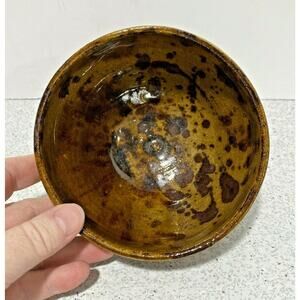 Vintage pottery bowl dark brown splatter ware studio pot shiny glaze stoneware